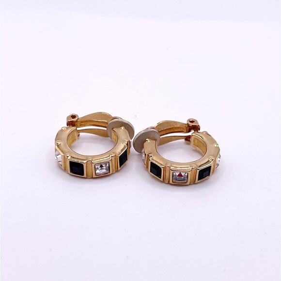 Swarovski Vintage Clip On Earrings Hoops with Black and White Crystals 1” - Picture 3 of 7
